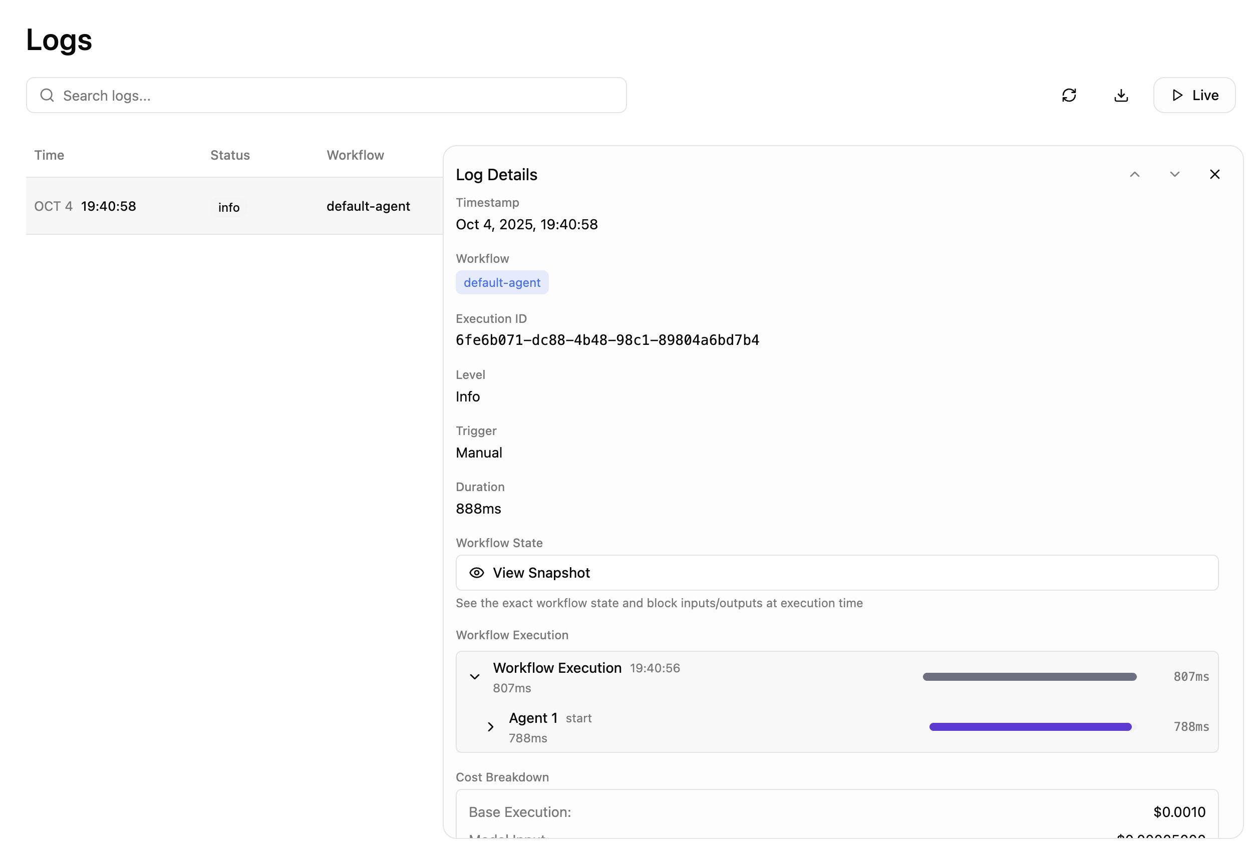Studio execution logs and monitoring dashboard